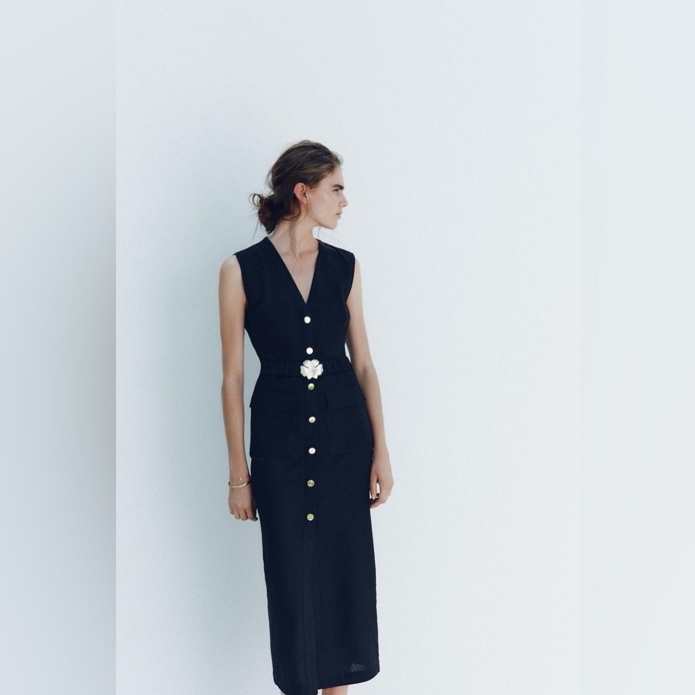 ZARA LINEN BELTED MIDI DRESS - Picture 2 of 6